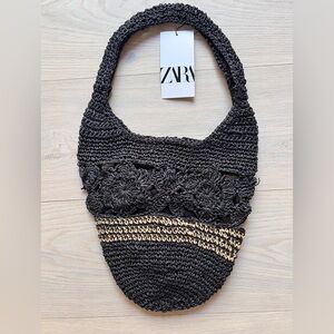Zara Black and Gold Floral Crochet Shoulder Bag